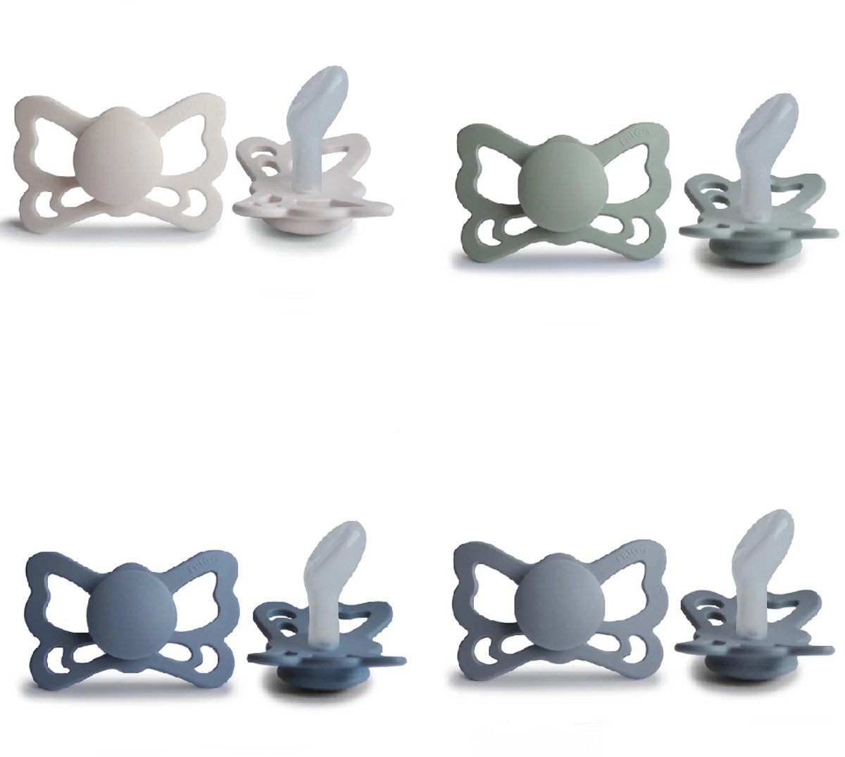 FRIGG BUTTERFLY Fopspeen set 4 stuks - Siliconen - Maat 2 - vanaf 6 maanden - Sage - Great Gray- Silver Gray - Slate