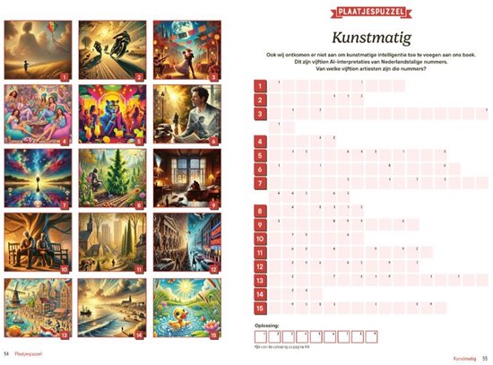 Paginnavolgen van het 'Plaatsjespuzzel Kunstmatig' boek. Bevat 16 kleine illustraties en een kruiswoordpuzzelraster. Nummer 55.