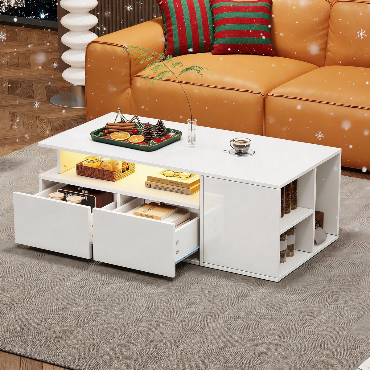 REDOM Salontafel 100 x 50 x 35 cm van spaanplaat, hoogglans wit met LED-sfeerverlichting en veel opbergruimte