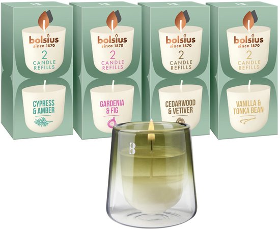 Bolsius - CleanLight - Houder Groen en navulbare Geurkaarsen - Starterkit - Met 9 gegeurde Refills