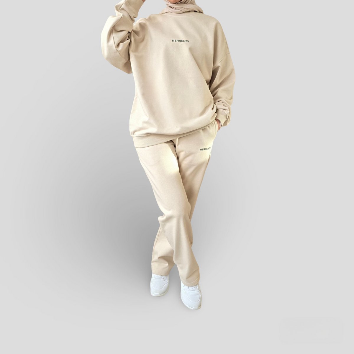 MERRENCI® | Comfortabele Set | 100% Premium 360 GSM Katoen| Beige oversized rui en wijde broek