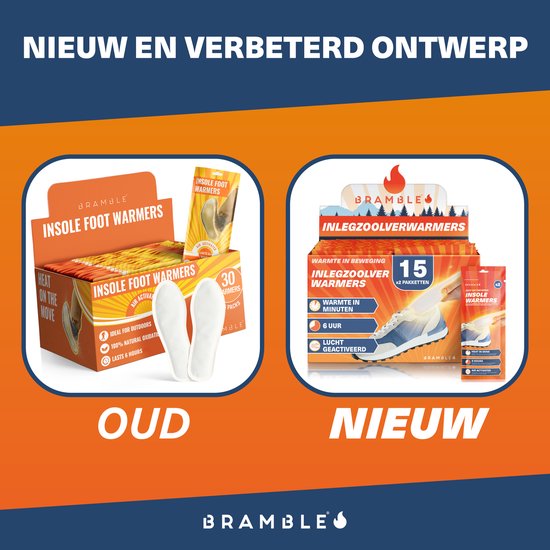 Oude en nieuwe verpakkingen van Bramble inlegzoolwarmers naast elkaar. De nieuwe verpakking toont een sneaker met een gloeiende inlegzool.