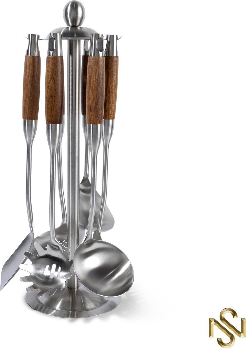 San Naila - Keukengerei - Zilver - Hout - 7-delig - Kookgerei - Draaibare houder - Luxe - Kookgerei