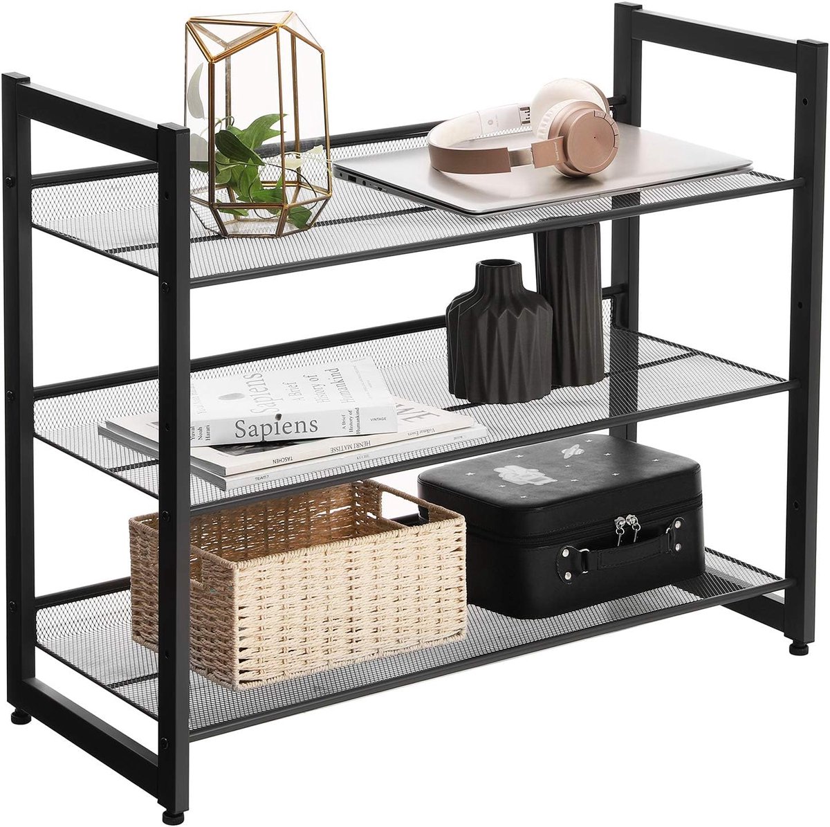 Candala Metalen Schoenenrek, met 3 Niveaus, Meshrek, Verstelbare Legplank, Plat of Schuine Planken, Stapelbaar Opbergrek, 74 x 62,8 x 30,7 cm, Zwart