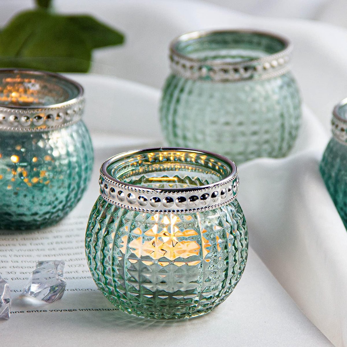 Set van 12 Mintgroene Glazen Theelichtjes Houder - Vintage Boho Stijl