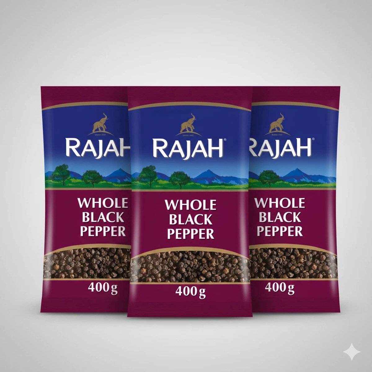 Rajah Hele Zwarte Peperkorrels 3 X 400 g – Premium Piper Nigrum, Intens Aromatisch & Pittig, Ideaal voor Pepermolen, Koken, Grillen, Marinades, Vlees-, Vis- en Groentegerechten met Kajal Sticker