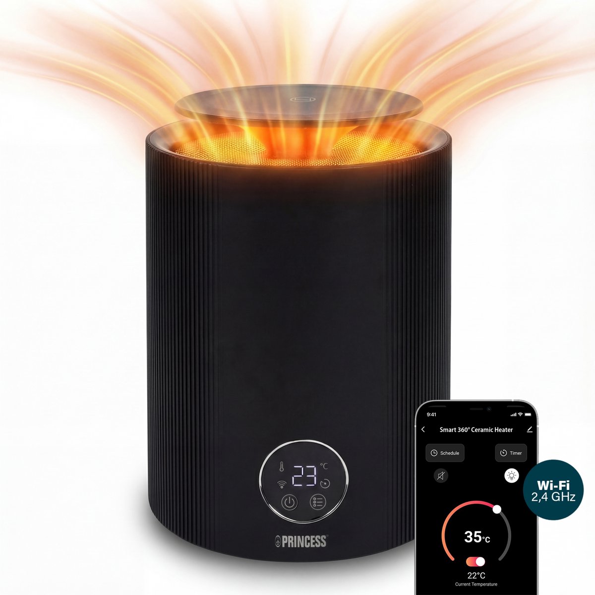 Princess Keramische Smart Kachel - 348360 - Met WiFi, App & Afstandsbediening - Timer – Ventilator - 360° Verwarming – Instelbare Temperatuur – 1000 W of 2000 W - Verwarmd Ruimtes Tot 60% Sneller - Actieve Luchtcirculatie