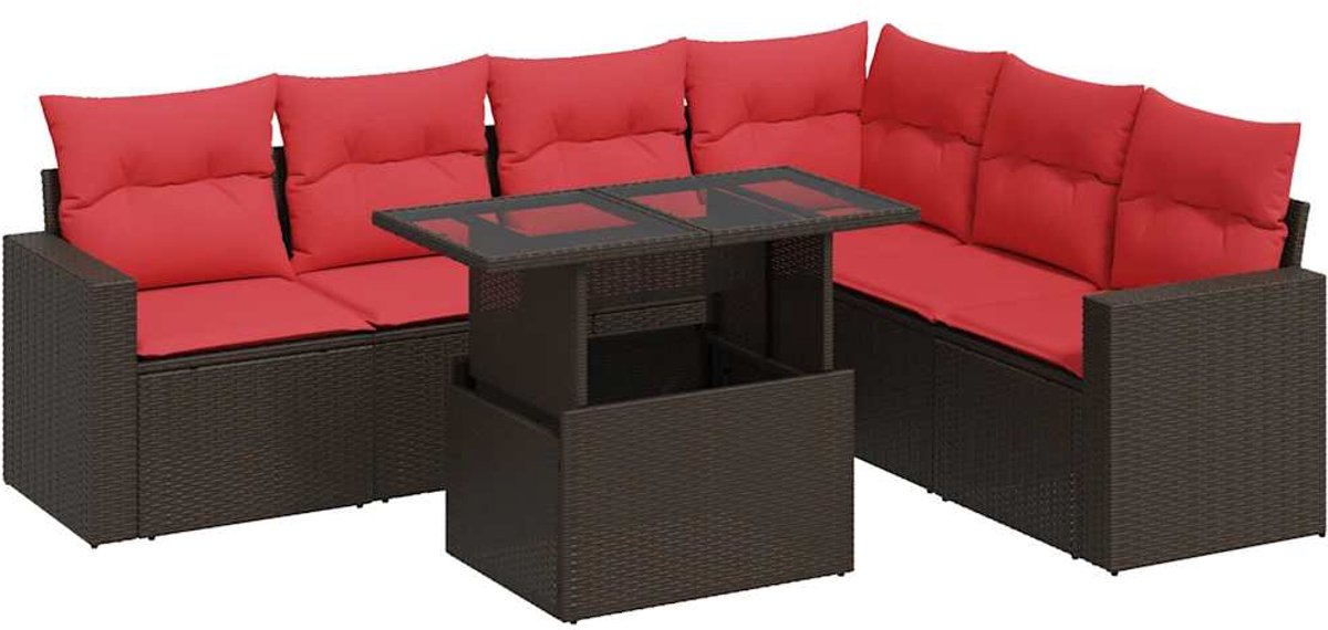 vidaXL 7-delige - Loungeset - met - kussens - poly - rattan - acacia - grijs bruin