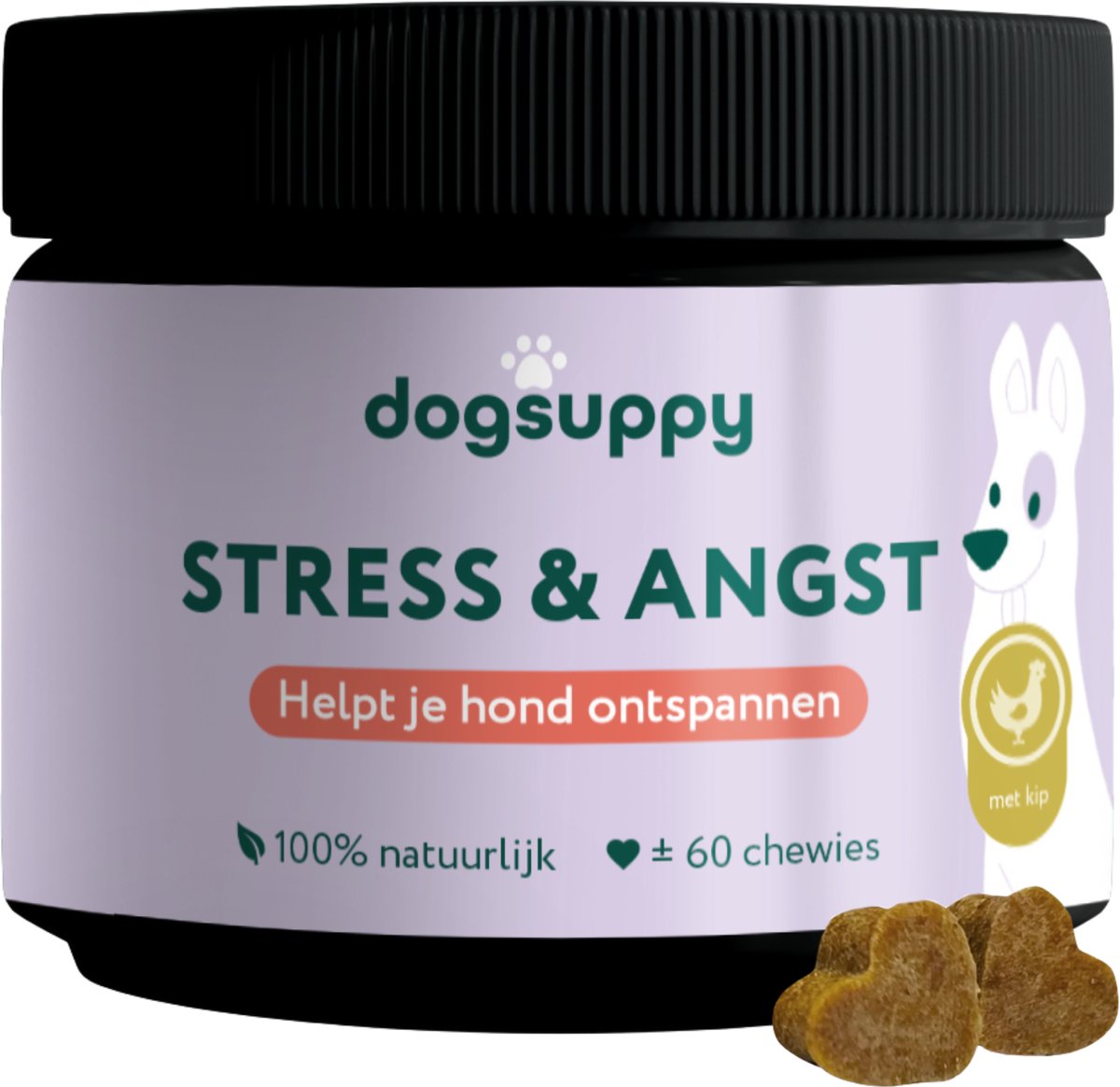 Stress & Angst supplement - Met kip - Minder Blaffen, Meer Rust - 100% Natuurlijk - 60 heerlijke snoepjes - Kalmeringsmiddel voor Honden - Tegen Overmatig blaffen, Trillen, Onrust & Vuurwerkangst - met Hennepzaadolie & L-Tryptofaan