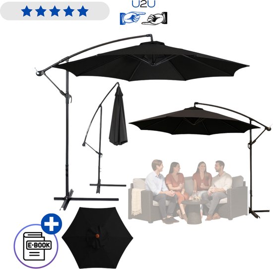 Collage van een zwarte zweefparasol met twee gesloten parasols, een loungeset met mensen en een e-book icoon.