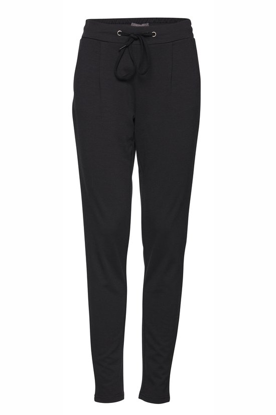 Zwarte broek met trekkoord en textuur, recht van voren.