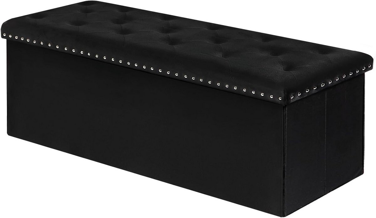 Opvouwbare Fluweel Opbergbank met Deksel - Zwarte Zitbank en Opbergkist (110x40x40 cm)