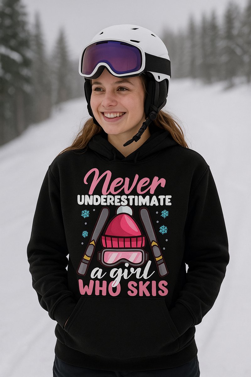 Dames Ski Hoodie – Never Underestimate a Girl Who Skis – Warme Wintersweater met Capuchon – Zwart - Maat XL