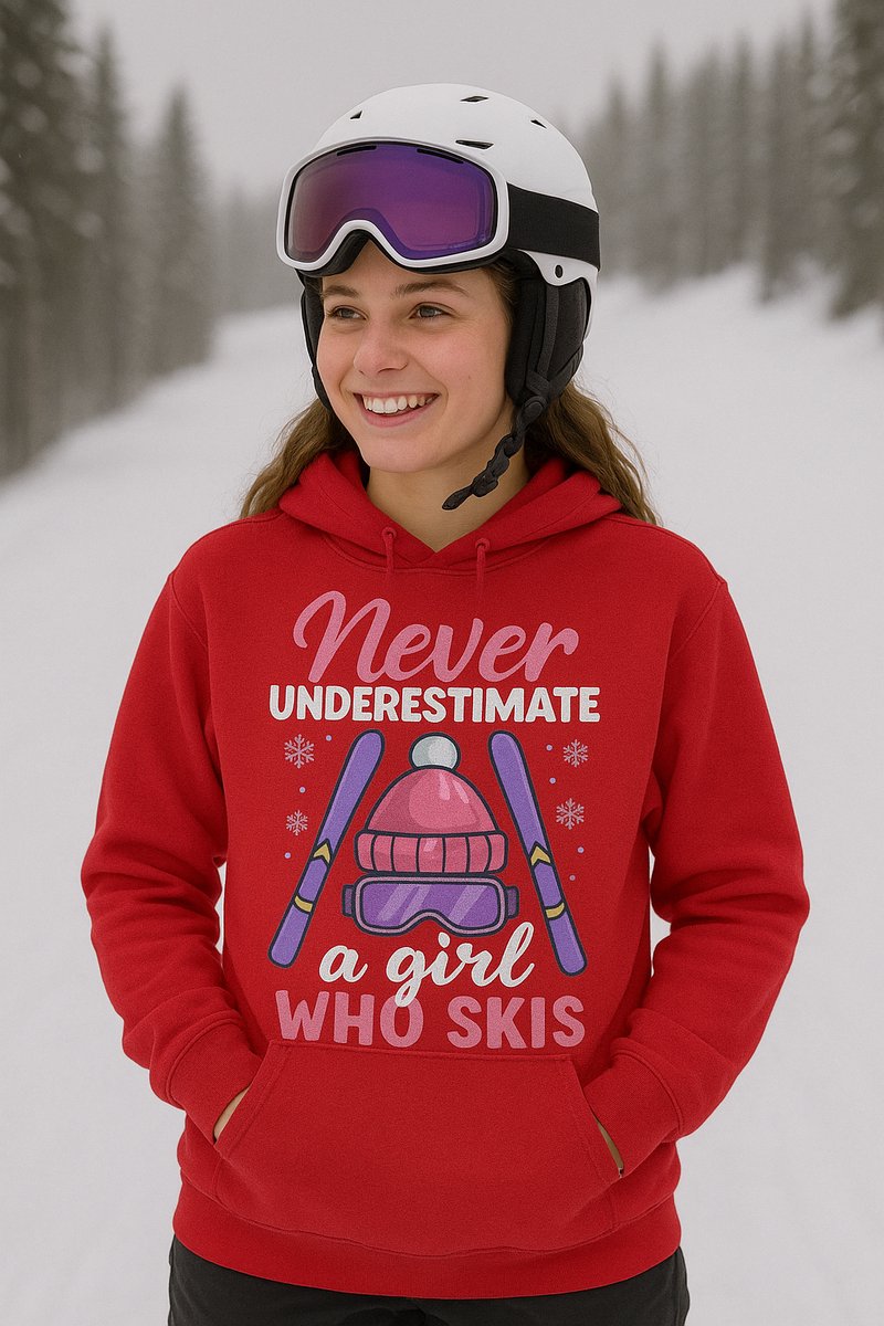 Dames Ski Hoodie – Never Underestimate a Girl Who Skis – Warme Wintersweater met Capuchon – Rood - Maat M