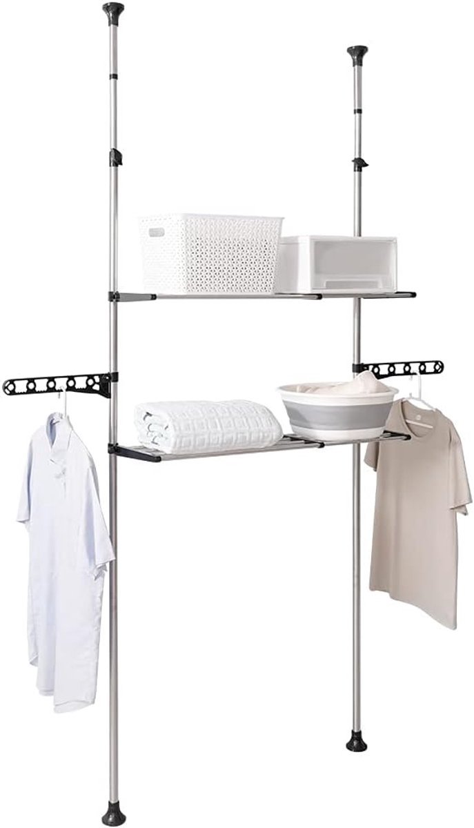 Wasmachine Opbergrek met 2 Lagen – Metalen Toilet Rek voor Boven Wasmachine – Ruimtebesparend Badkamer Rek met Haken – Multifunctionele Opbergstelling – 68 x 49,5 x 173 cm – Grijs