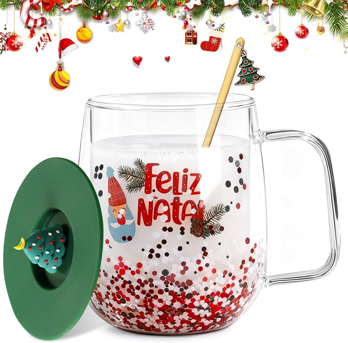 Dubbelwandige Glazen Koffiemok met Deksel en Lepel voor Kerst