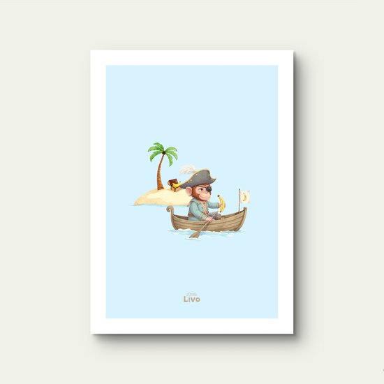 Little Livo - Affiche Enfant - Le Singe Pirate - 21 cm x 30 cm - 250 g/m2 papier - Finition mate - Décoration murale