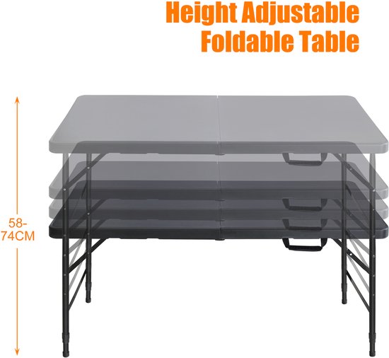 Campingtafels 125 cm - Inklapbaar Met Handgreep En Verstelbare Hoogte - Multifunctioneel - Kunststof - Zwart — afbeelding 4