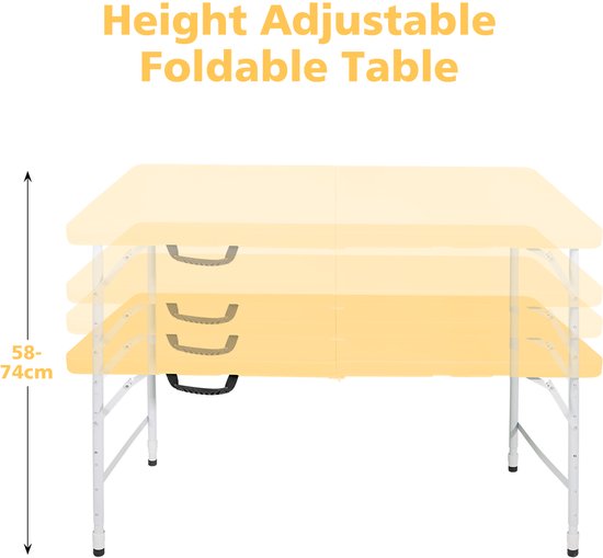 Campingtafels 125 cm - Inklapbare Vouwtafel Met Handgreep En Verstelbare Hoogte - Multifunctioneel - Kunststof - Lichtgeel — afbeelding 3