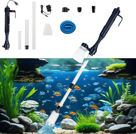 Aquarium batterijreiniger met accessoires, in gebruik in een aquarium met vissen en planten.