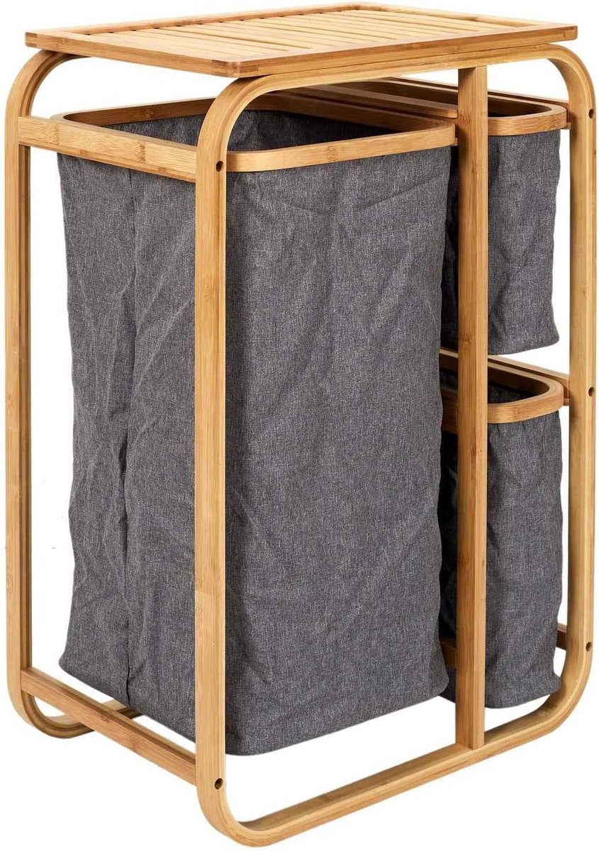 Textiel wasmand met 3 compartimenten en bamboe standaard,
