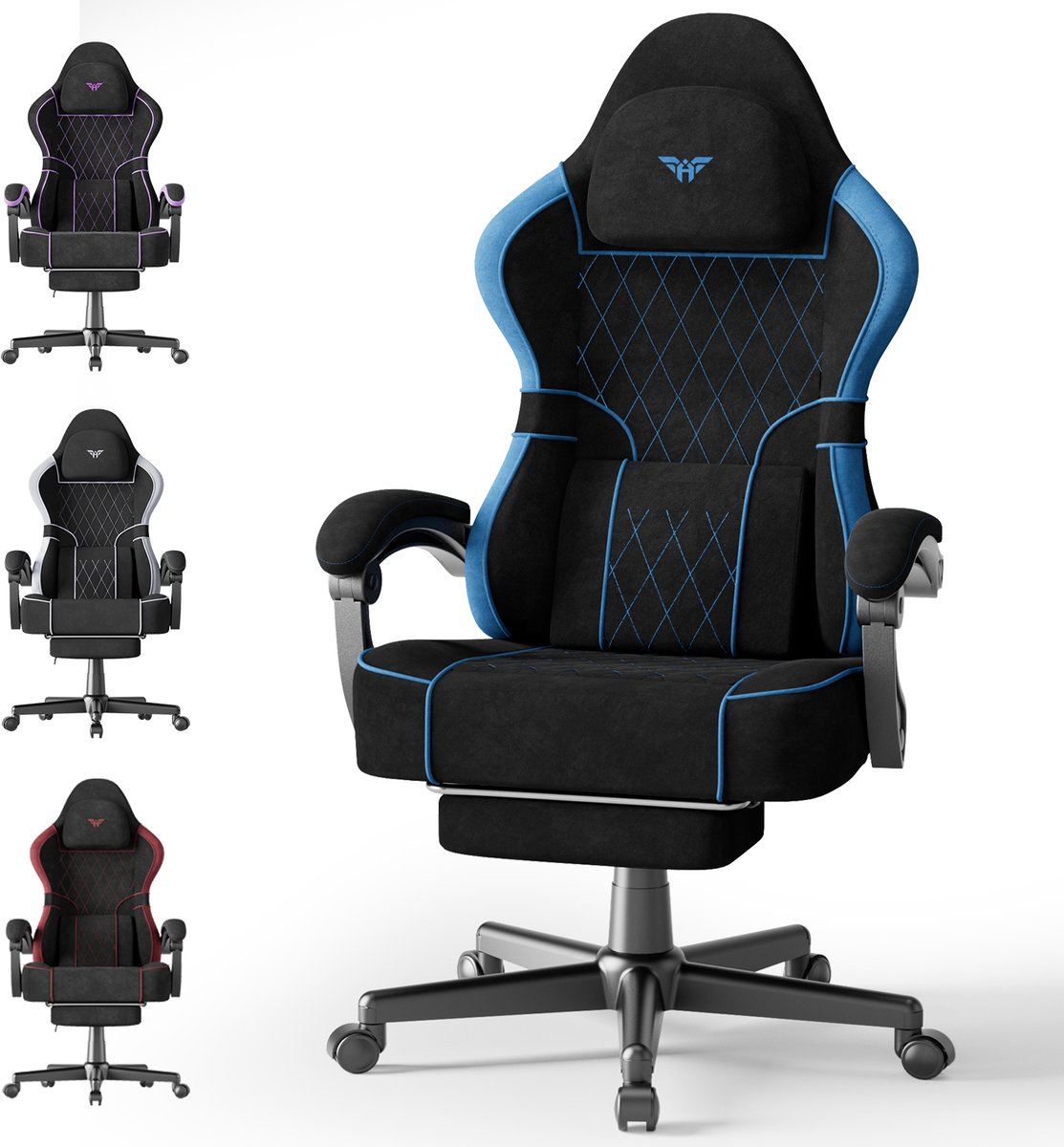 Soontrans-Zwart-Blauw-Gaming Stoel-met Inklapbare Voetensteun-Gamestoel Verstelbaar Rugleuning-Ergonomische Gaming Chair-als Bureaustoel-Uitgerust Met Hoofdsteun en Lendensteun-Geborsteld Fluweel-Computerstoel Gaming-Voor Volwassenen en Jongeren