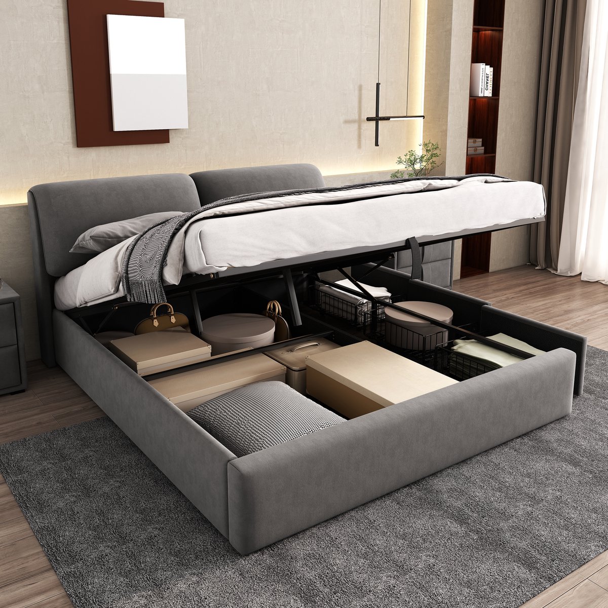 OKWISH Gestoffeerd Bed 160x200cm - Hydraulisch Opbergbed Met 3 Laden - Verstelbaar Hoofdeinde - Fluweel - Grijs - Zonder matras