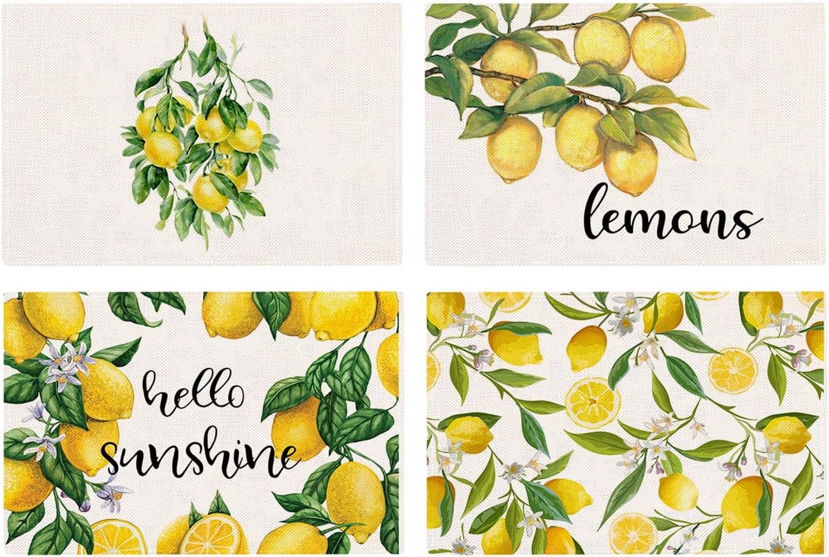 Set van 4 Luxe Placemats met Zomerse Citroenprint - Hittebestendig en Afwasbaar (45x32 cm)