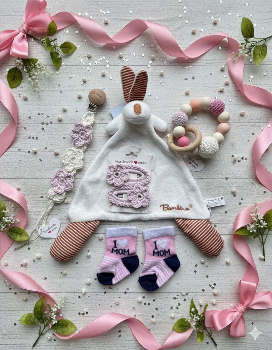 Maminobaby.nl | Baby geschenkset meisjes | Handgemaakte speenkoord | Handmade haarclip | Knisperkonijn | Sokjes | Kraamcadeu | Babyshower