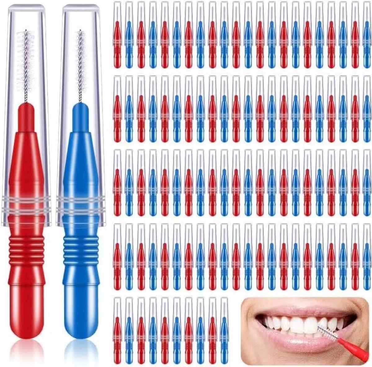 100 interdentale borsteltjes, tandenborstels, tandzijde, tandenstokjes, mondhygiënehulpmiddelen, rood en blauw.