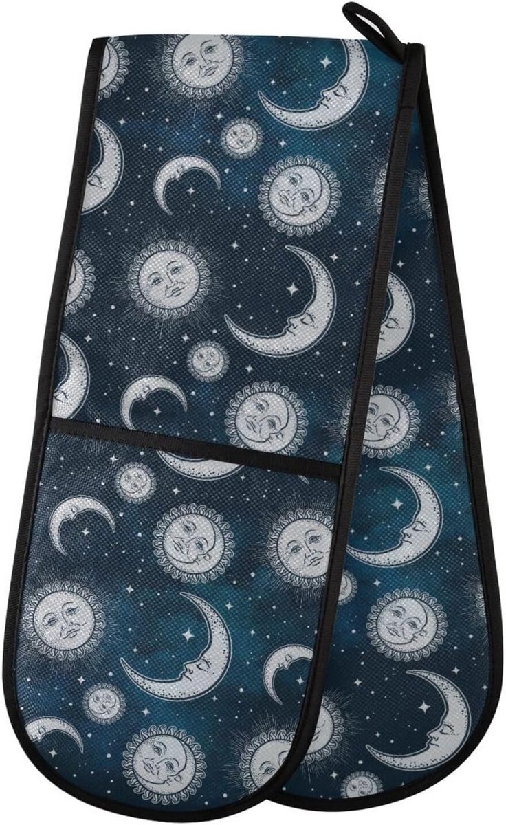 Set van Dubbele Hittebestendige Ovenwanten met Boho Zon Maan Sterren Print