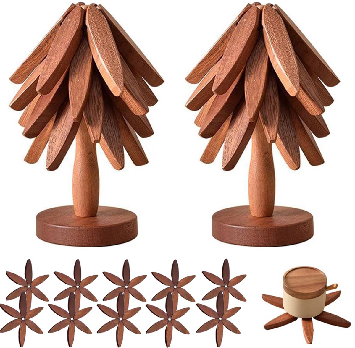 2 sets Houten onderzetters voor warme gerechten - Kerstboomonderzettersset - 10 houten onderzetters & 1 standaard in de vorm van een kerstboom - voor hete gerechten - Pot - Kom - Theepot - Hot Pot Set