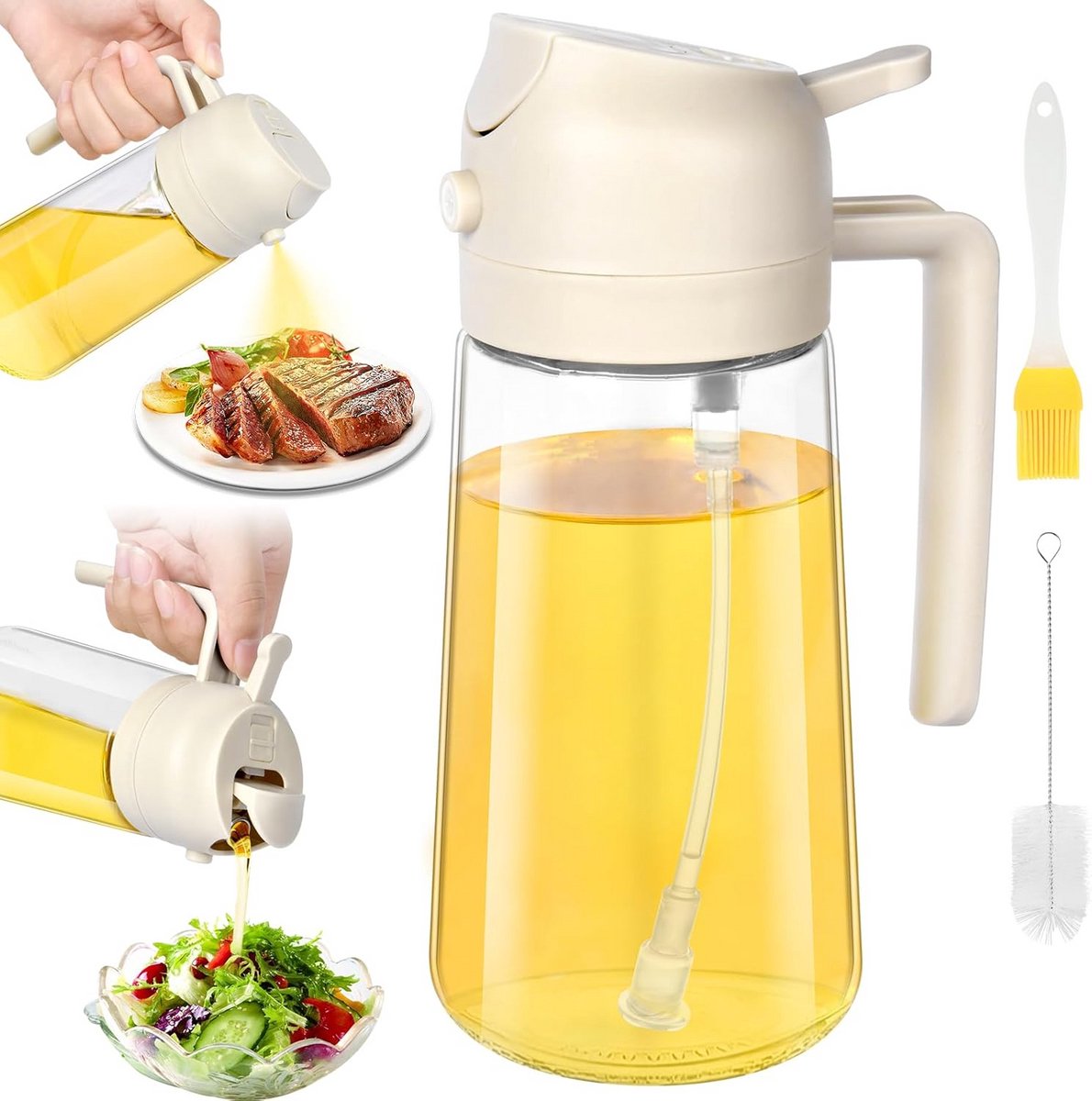 Glazen Olieverstuiver 2-in-1 met Borstels (470 ml) - Spuitfles voor Olijfolie, Keuken & BBQ