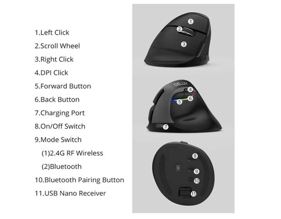 DELUX Verticale Muis Draadloze Ergonomische Muis Met BT 4.0 En 2.4G Draadloze Dual-modus Geïntegreerde Oplaadbare Batterij Stil Ontwerp 6 Knoppen En 4 Dpi Niveaus Optische Pc Muis Met Rgb Licht Zwart