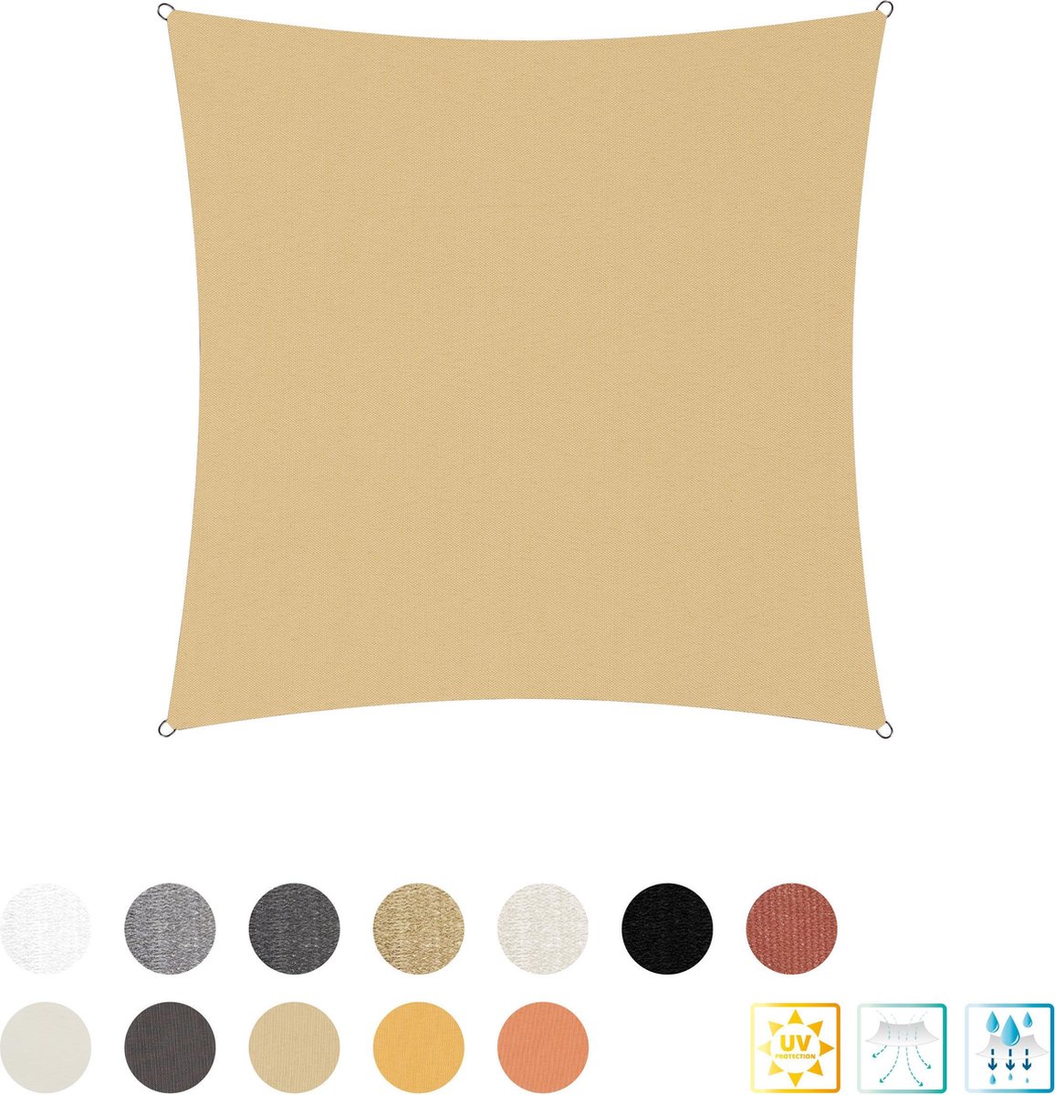 Vierkante luifel van Lumaland incl. spankoorden|polyester met dubbele pu-laag | Vierkant 3 x 3 m| 160 g/m² - zandkleur