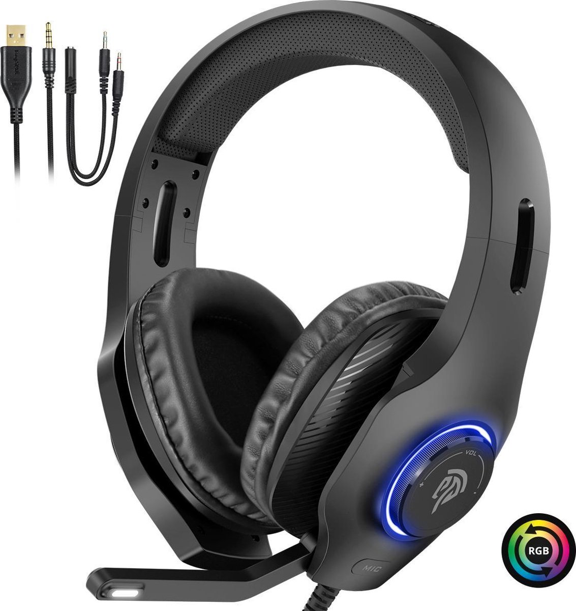 EasySMX VIP-002S Over-ear gaming headset met microfoon en RGB LED verlichting, zwart
