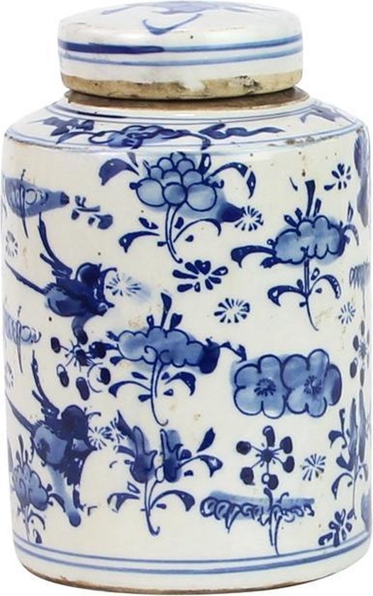Kleine blauw-witte gemberpot met bloemen- en vogeldecoratie.