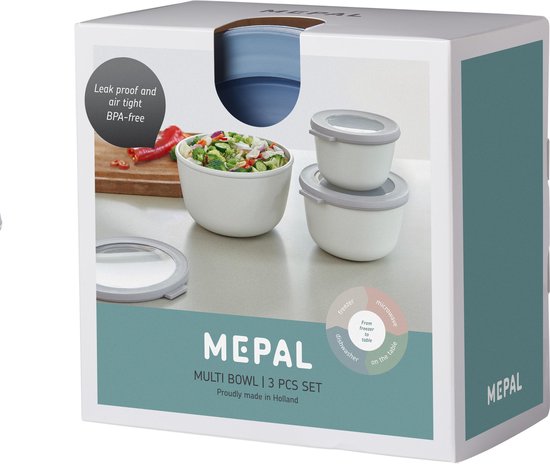Verpakking van Mepal Multi Bowl 3-delige set, met afbeeldingen van de schalen in gebruik.
