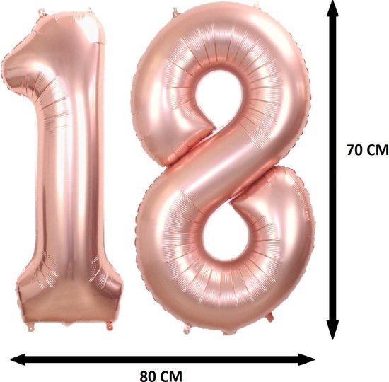 Folie Ballon Cijfer 18 Jaar Rosé Goud 70Cm Verjaardag Folieballon Met Rietje - BTH