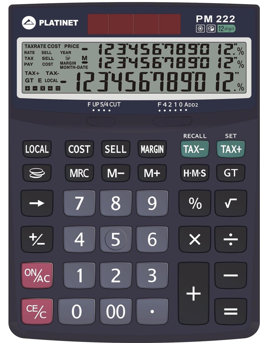 Platinet PMC222TE Bureaucalculator - rekenmachine 12 cijfers max. 3 lijnen, tax functie en zonneenergie