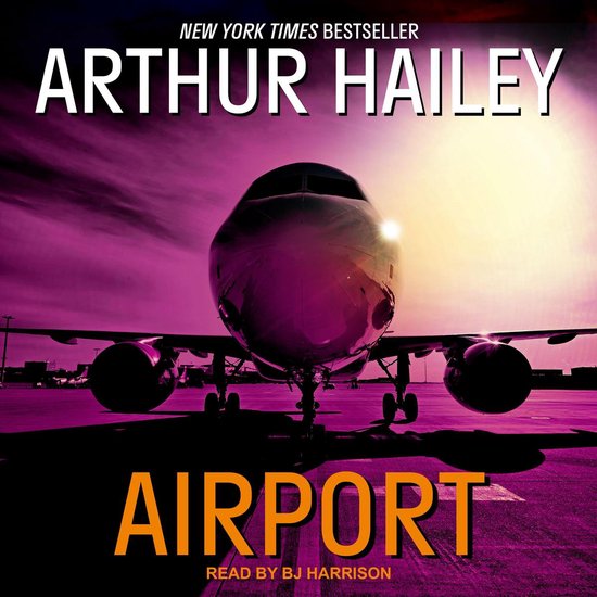 Boekcover van Arthur Hailey's 'Airport'. Een vliegtuig staat op de landingsbaan in de paarse schemering met de zon achter de neus van het vliegtuig.