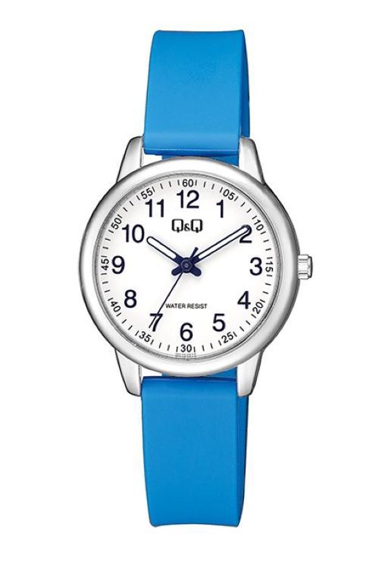 Q&Q QC15J304Y - Horloge - Analoog - Kinderen - Unisex - Plastic band - Rond - Cijfers - Metaal - Blauw - Zilverkleurig - Wit - 3 ATM