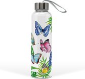 Gourde en verre "Tropical Butterflies" avec bouchon en acier inoxydable - 550 ml