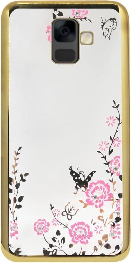 ADEL Siliconen Back Cover Softcase Hoesje Geschikt voor Samsung Galaxy A6 (2018) - Bling Glimmend Vlinder Bloemen Goud