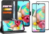Hoesje geschikt voor Samsung Galaxy A71 - Screen Protector FullGuard - Book Case Leer Pasjeshouder Zwart & Screenprotector