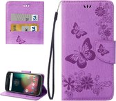 Voor Motorola Moto G (4e gen) Plus geperste bloemen vlinderpatroon lederen tas met houder & kaartsleuven & portemonnee (paars)