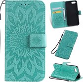 Geperst afdrukken Zonnebloempatroon Horizontale flip PU lederen tas voor OPPO A1K / C2, met houder & kaartsleuven & portemonnee & lanyard (groen)