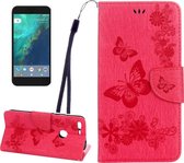 Voor Google Pixel XL vlinders Embossing horizontale flip lederen tas met houder & kaartsleuven & portemonnee & lanyard (magenta)