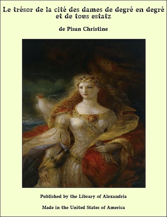 Une femme aux longs cheveux roux ondulés et à la couronne dorée, vêtue d'une robe blanche et dorée avec une cape rouge, un chien à ses côtés.