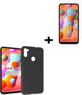 Samsung Galaxy A11 hoes TPU Siliconen Case hoesje Zwart + Screenprotector Tempered Gehard Glas Pearlycase
